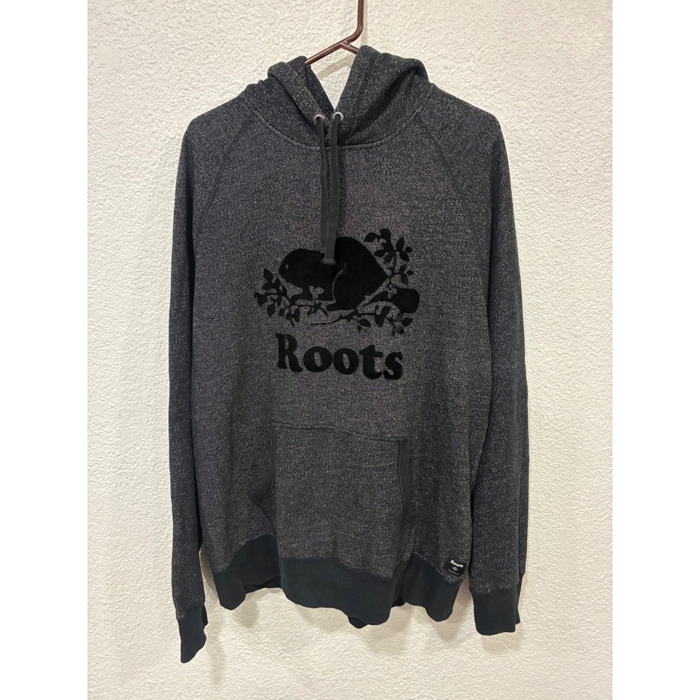 Roots Mens Salt and Pepper Hoodie Charcoal Grey Flocked Logo Pullover XL